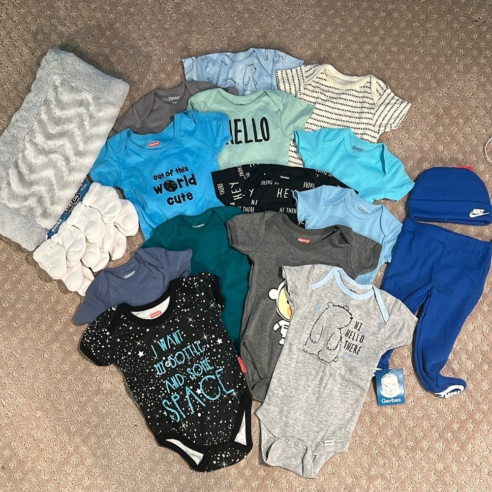 Nike, Hanes, gerber& fisher price assorted baby boy onesies socks, blanket